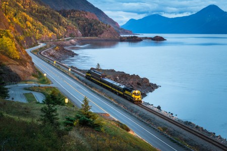 The Alaska Railroad travels along Turnagain Arm, running parallel to the Seward Highway